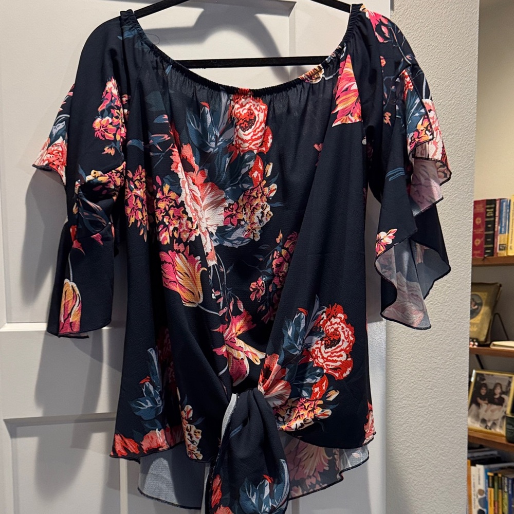 Floral Tie-Front Off-Shoulder Blouse - Black & Coral